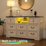 Homkdom White Dresser for Bedroom with Charging Station & Led Lights,55.02" TV Stand with 8 Drawers,Dressers & Chests of Drawers with Open Shelves,Hallway 55.02" W x 34.53" H x 15.77" D White Homkdom