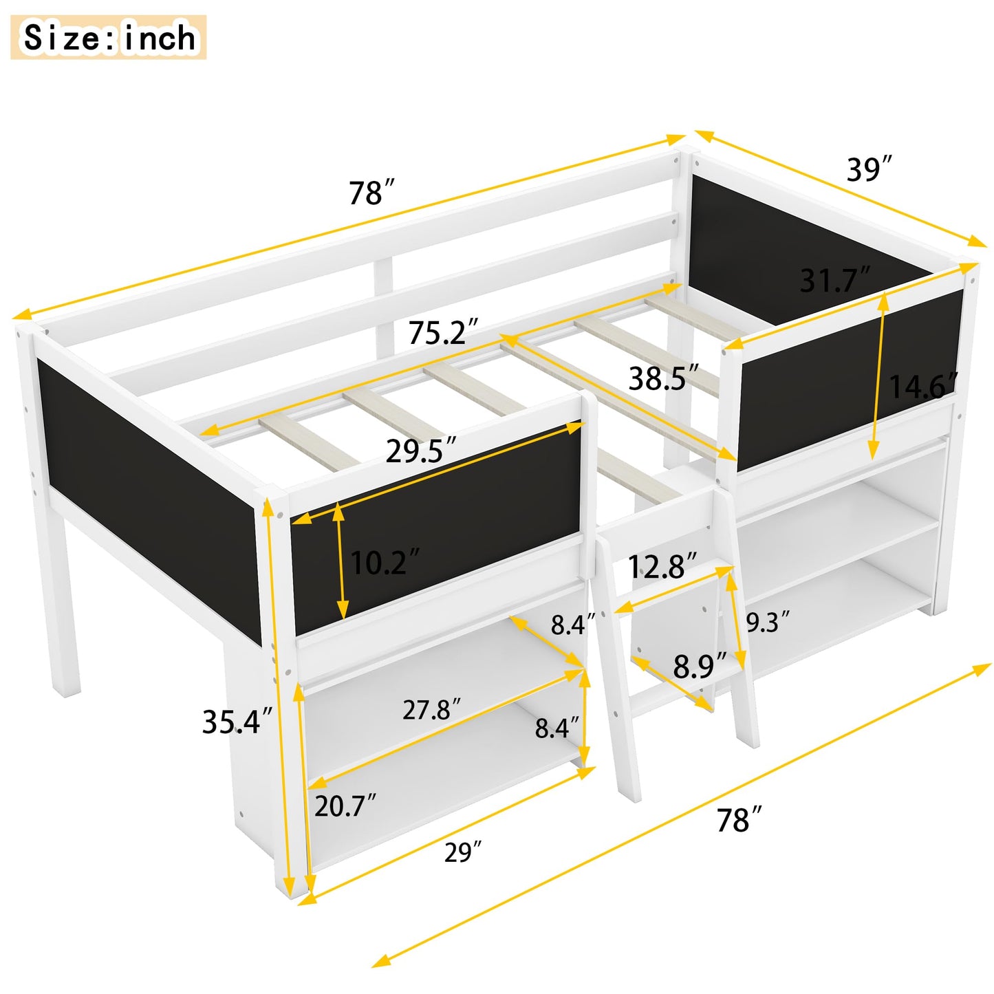 Harper & Bright Designs Kids Low Loft Bed with 2 Movable Storage Shelves, Twin Loft Bed Frame with Chalkboard and Ladder, Multifunctional Loft Bed for Kids Boys&Girls No Box Spring Needed (White)