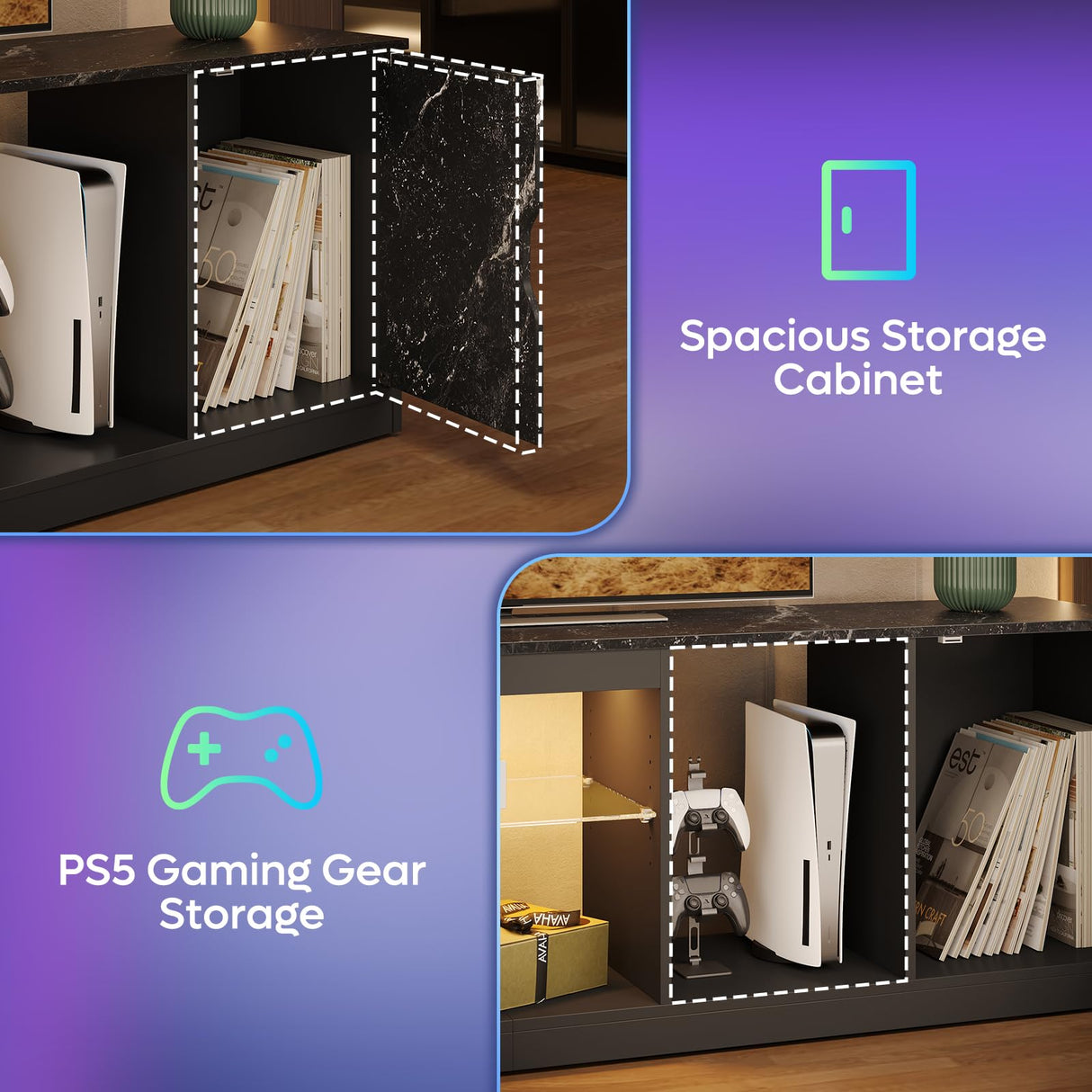 Bestier TV Stand for 65/70/75/80 inch TV, 70 inch LED Entertainment Center with Storage for PS5 Xbox, Modern TV Console Table for Living Room Bedroom, Adjustable Glass Shelf, Black Marble Bestier