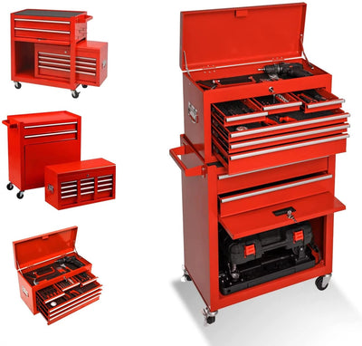 Clickoods Tool Chest Heavy Duty Rolling Tool Box with Cabinet 8-Drawer for Lockable & Removable Cabinet for Garage and Workshop - Red