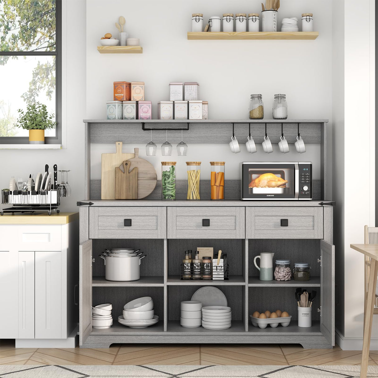 Gyfimoie Farmhouse Bar Cabinet with Hutch, Kitchen Buffet Cabinet with Storage Cabinet & 3 Sliding Drawers, Adjustable Shelf, Goblet Holder, Cup Hooks for Living Room, Dining Room Use (Grey) Gyfimoie