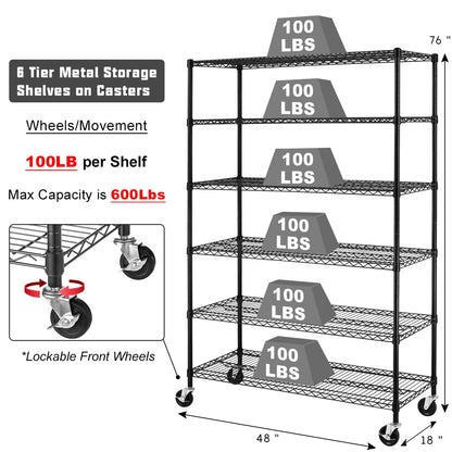 6 Tier Storage Shelves, 5999 Lbs Capacity Metal Shelf with Wheels Height Adjustable NSF Certification 48" L×18" W×72" H Heavy Duty Wire Shelving Units for Garage Pantry Kitchen Rack, Black