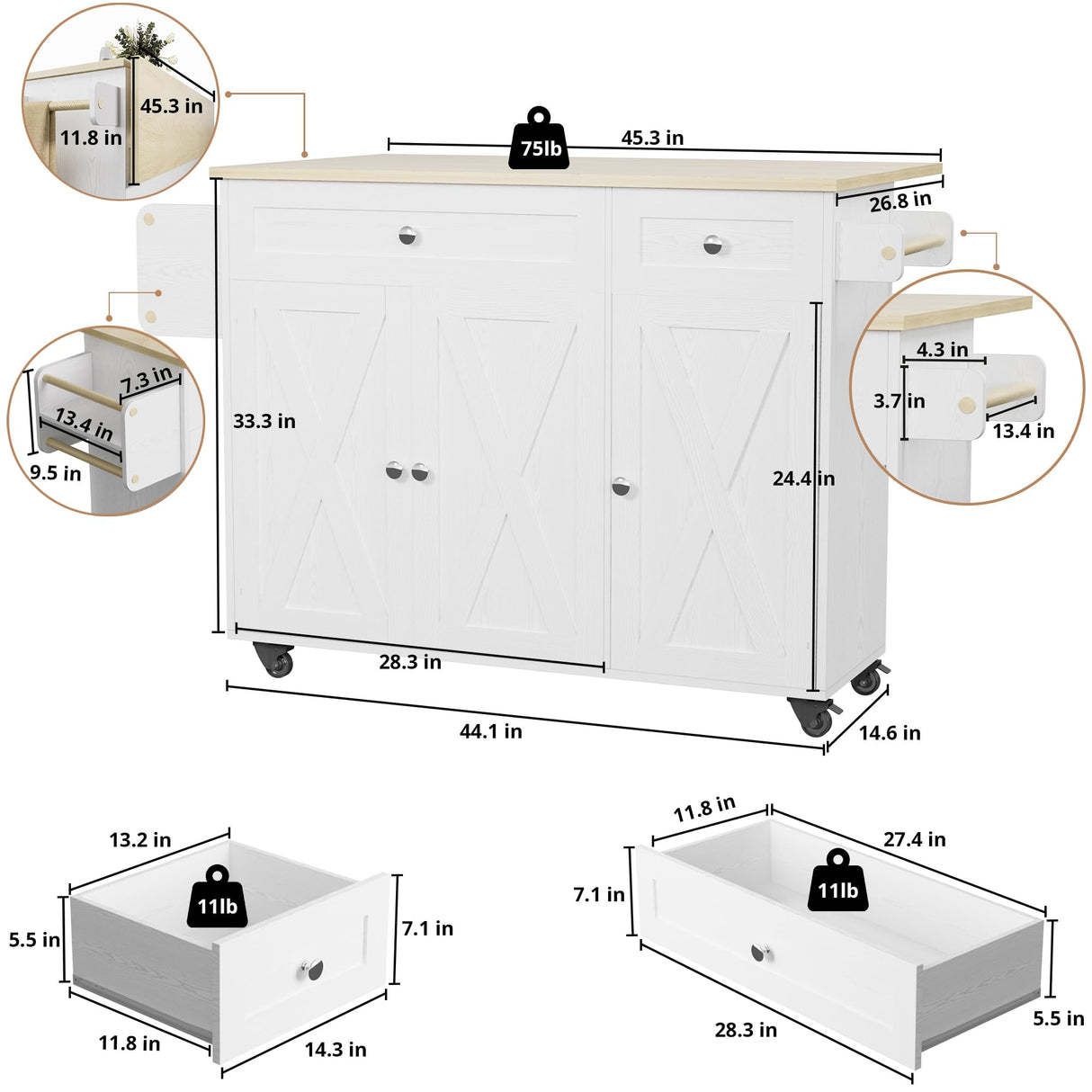 IRONCK Rolling Kitchen Island Table on Wheels with Drop Leaf, 56" Kitchen Island with Drawers and Adjustable Shelves Cabinet, Large Mobile Kitchen Island Cart for Kitchen IRONCK