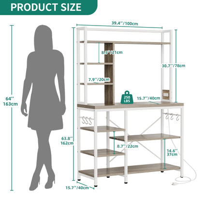 YITAHOME Microwave Stand Bakers Rack w Power Outlet, Coffee Bar Kitchen Freestanding Utility Storage Shelf for Pantry Appliance Spice Pot Pan Organizer w Thickened Counter 6 Hook 39", Oak & White