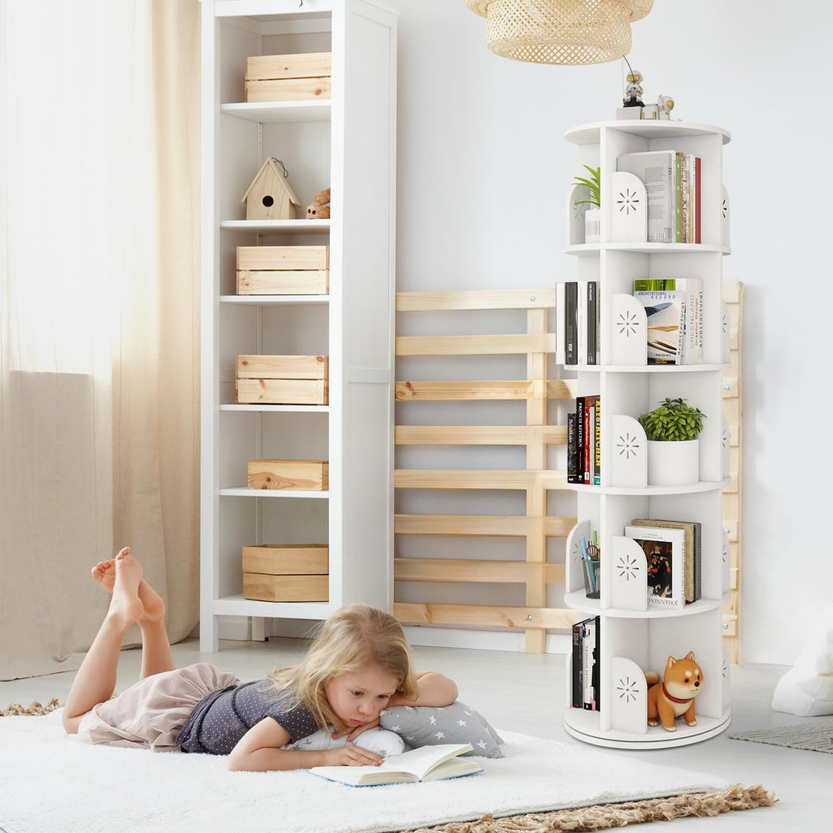Hestiasko 5 Tier Rotating Bookshelf, 360 Rotating Bookcase, Spinning Bookshelf Tower for Kids & Adults, Corner Book Shelf for Small Space, Revolving Bookcase for Bedroom, Living Room, White Hestiasko