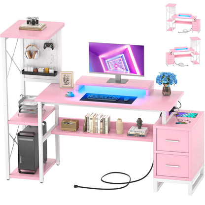 Computer Desk with 2 Fabric Drawers - Reversible Home Office Desk with Power Outlet & LED Lights, 53" Writing Desk with Monitor Stand & Storage Shelves, Gaming Desk Study Table with Pegboard, Pink