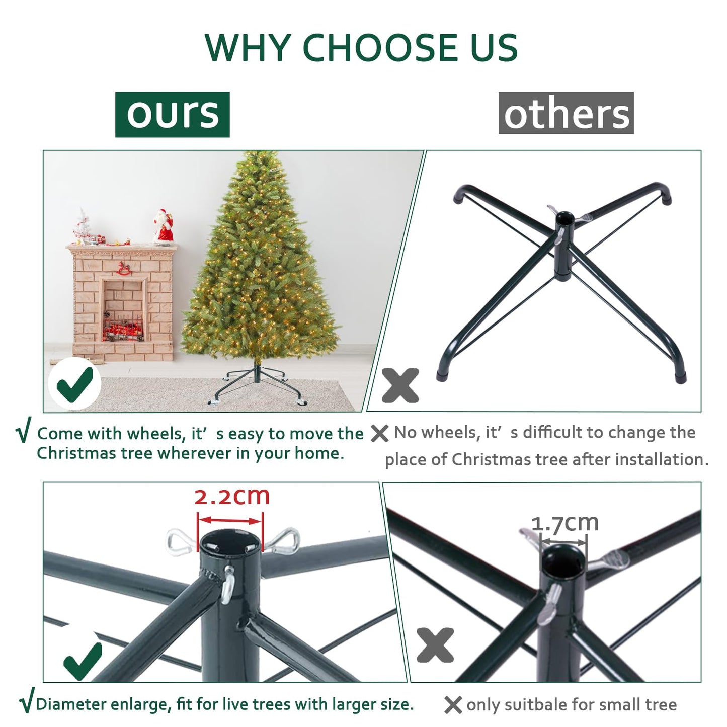 ELFJOY Christmas Tree Stand with Swivel Caster Wheels for 3-7ft. Artificial Tree Base 17inch, Christmas tree iron stand, 7/8inch inner diameter, Movable Tree Base, Green Tree Stand (Green)