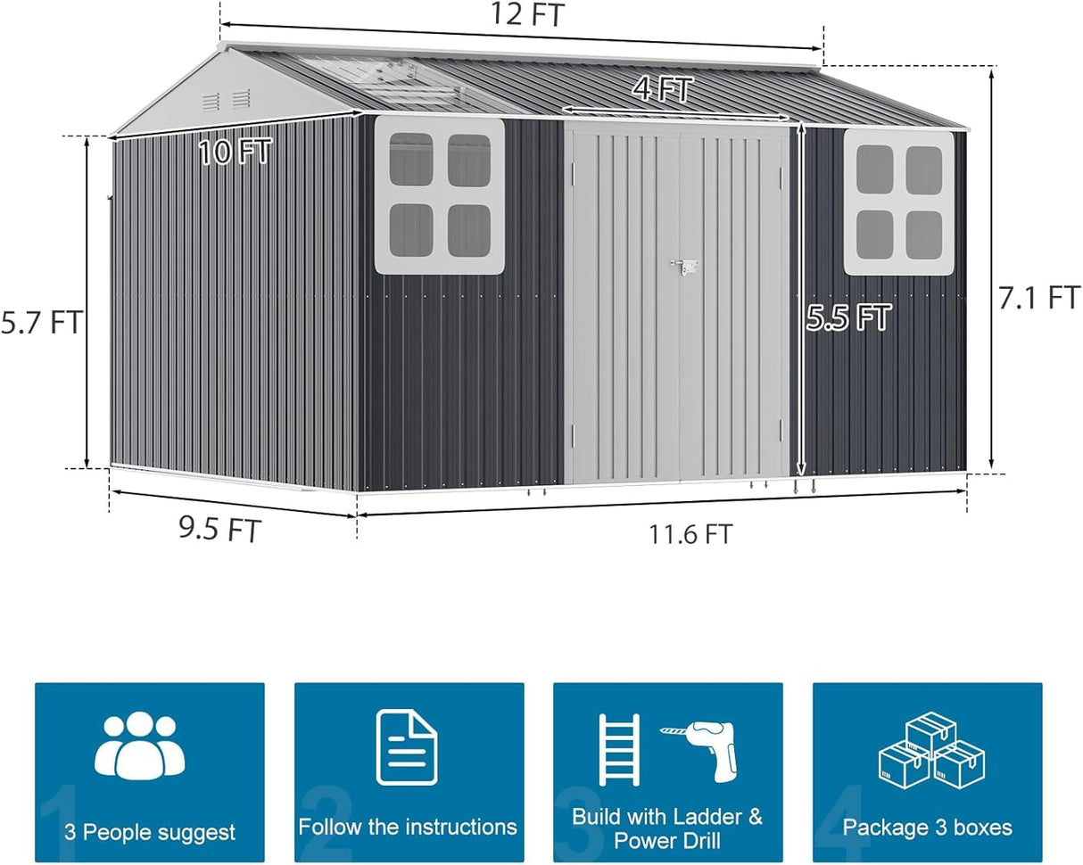 WELYAS 10x12 FT Metal Outdoor Storage Shed, Reinforced Frame Heavy Duty Large Waterproof Garden Tool Sheds with Unique Skylight Windows Air Vent for Patio Yard，Dark Grey WELYAS