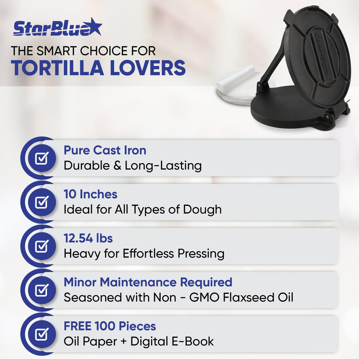 10 Inch Cast Iron Tortilla Press by StarBlue with FREE 100 Pieces Oil Paper and Digital Recipes e-book - Tool to make Indian style Chapati, Flour Tortilla, Roti StarBlue