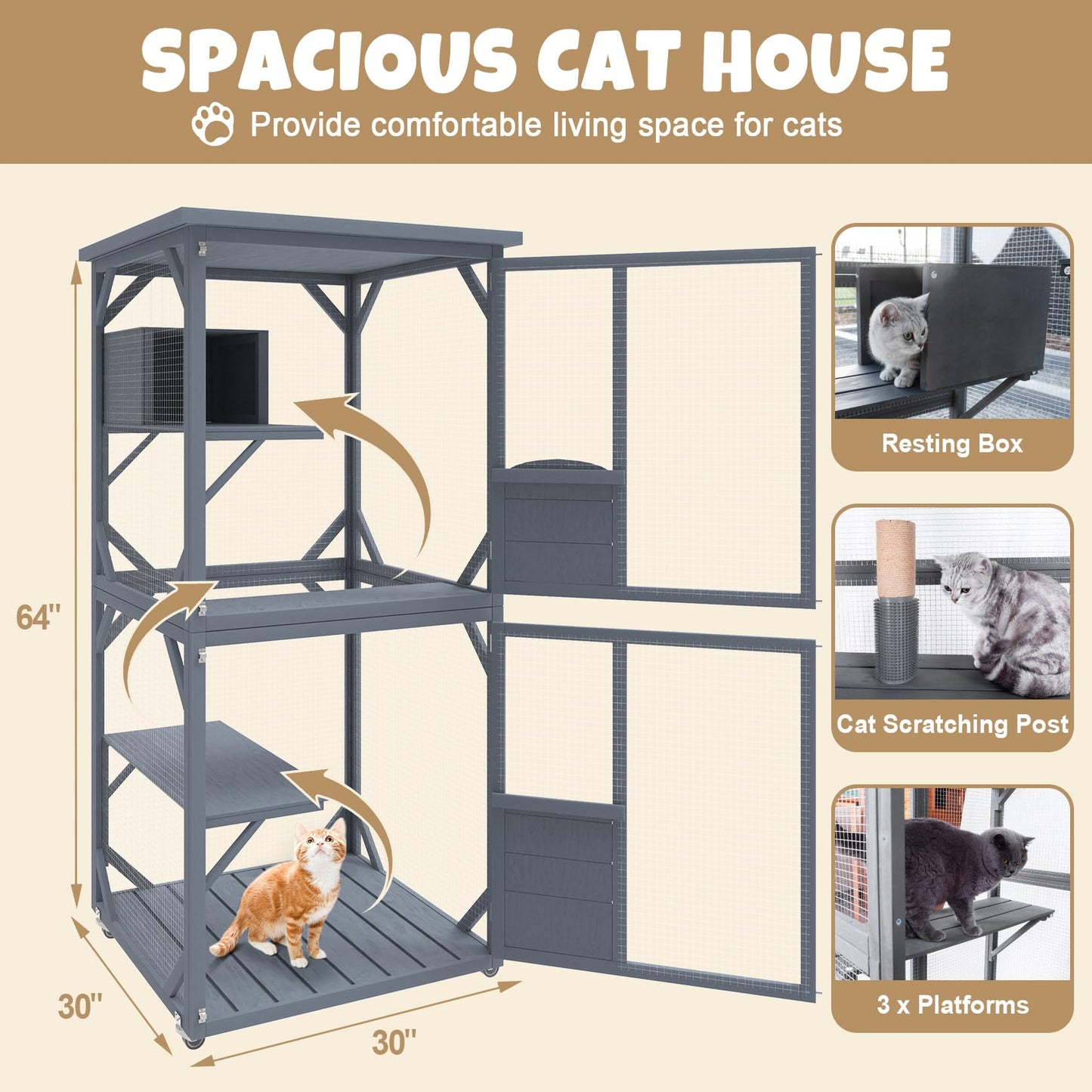 PETVILLE Catio Outdoor Cat House, Wooden Large Enclosure with Run on Wheels, 64" Outdoor/Indoor Cat Catio for Multiple Cats W/Waterproof Roof, Platforms, Resting Box, Cat Scratching Post - WoodArtSupply