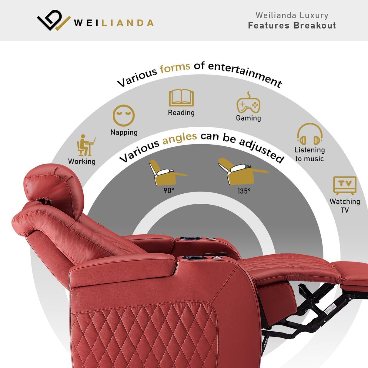 Weilianda Home Theater Seating Top Grain Leather Zero Gravity Recliner Chair Power Headrest Recline Movie Seat Gaming 7 Colors Mood Light Sofa with Tray Table USB Charge Row of 1 Red Weilianda