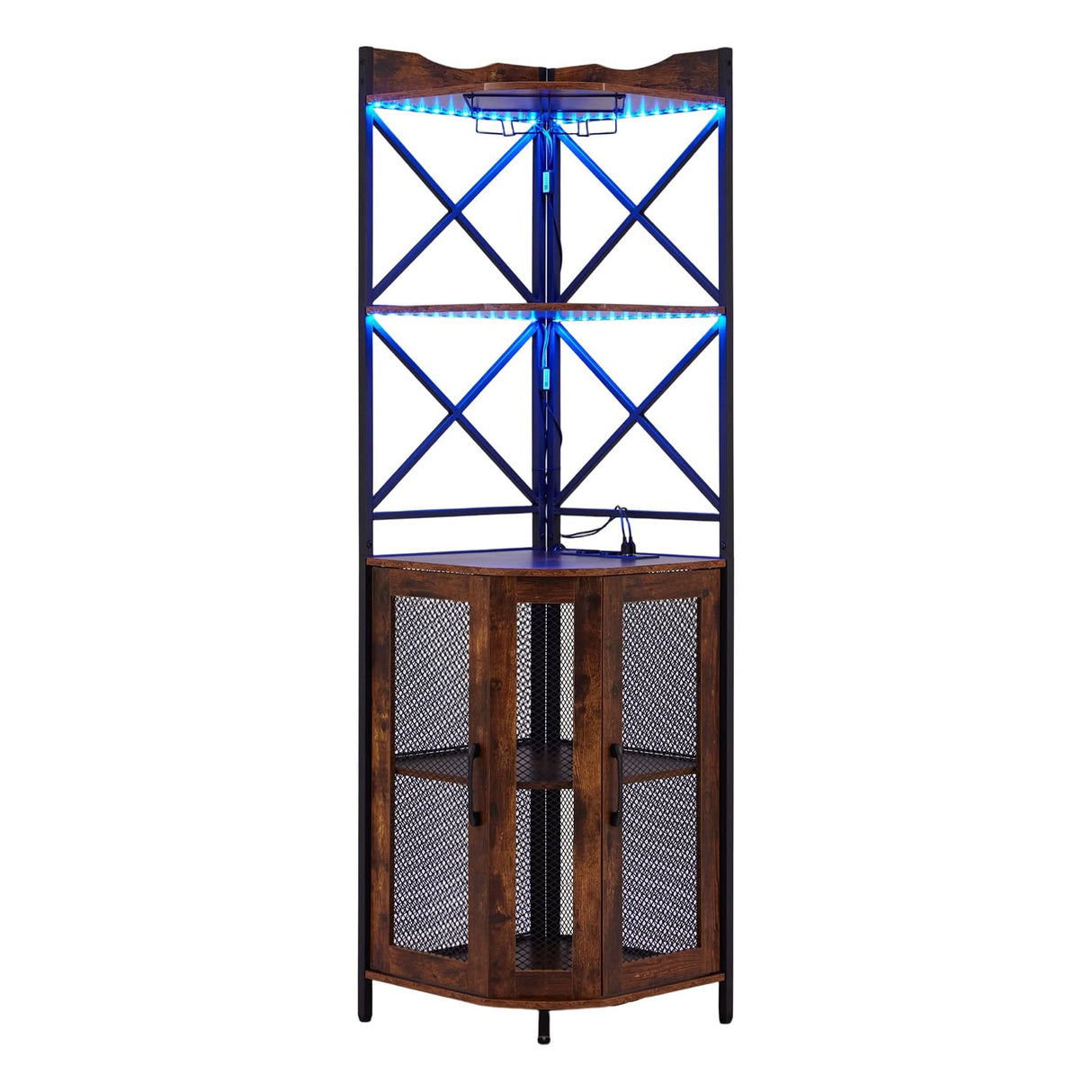 EROMMY Corner Bar Cabinet with Power Outlet, 5-Tiers Wine Bar Cabinet with LED Light and Glass Holder, Industrial Home Bar for Dining Room, Living Room, Kitchen, Rustic Brown EROMMY
