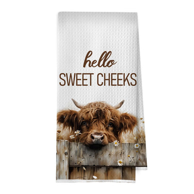 BlissfulAbon Hello Sweet Cheeks Highland Cow Bathroom Hand Towels 16x24 Inch, Farmhouse Highland Cow Kitchen Dish Towels Drying Cloth, Farmhouse Bathroom Kitchen Decor