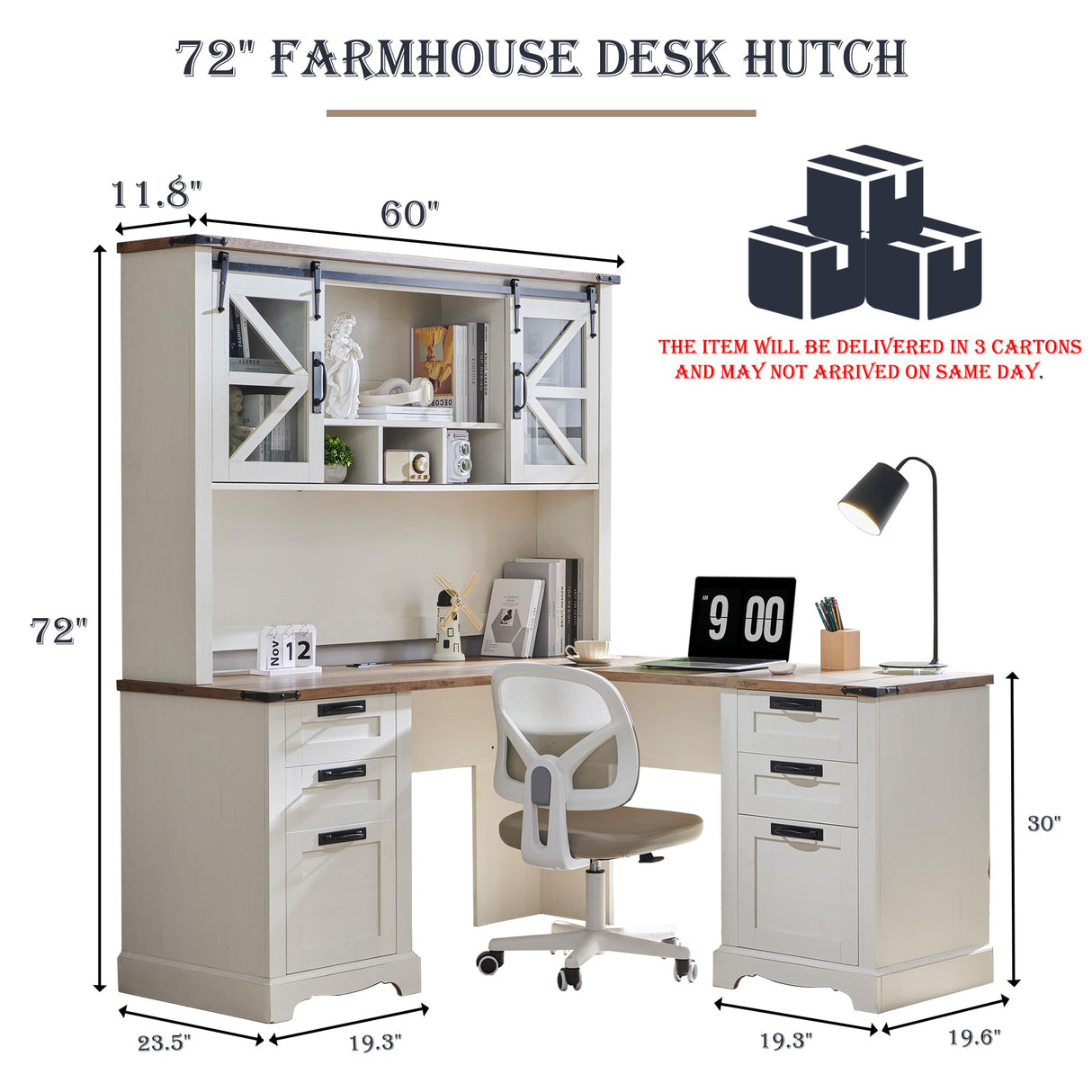 RedLemon 60" Farmhouse L Shaped Desk with Hutch, Wood Home Office Executive Desk with Drawer, Charging Station, File Drawer, Storage Cabinet, Rustic Writing Computer Desk (Antique White) RedLemon