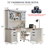 RedLemon 60" Farmhouse L Shaped Desk with Hutch, Wood Home Office Executive Desk with Drawer, Charging Station, File Drawer, Storage Cabinet, Rustic Writing Computer Desk (Antique White) RedLemon