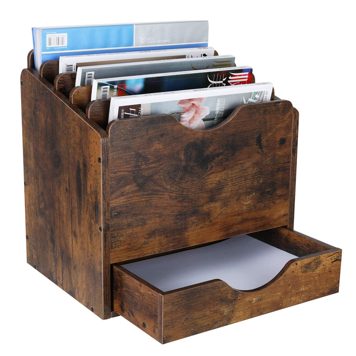 PAG Wood Desktop File Holder Organizer Mail Sorter with Drawer, for File Folders, Mails, Envelopes, Mailing Supplies or Magazines, 6 Compartments, Antique Brown PAG