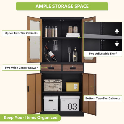 AFAIF Glass Display Cabinet with Drawers, Lockable Metal Storage Cabinets with 2 Adjustable Shelves, 71'' Tall Locking Cabinets Modern Liquor Cabinet Freestanding Kitchen Pantry Storage Cabinet