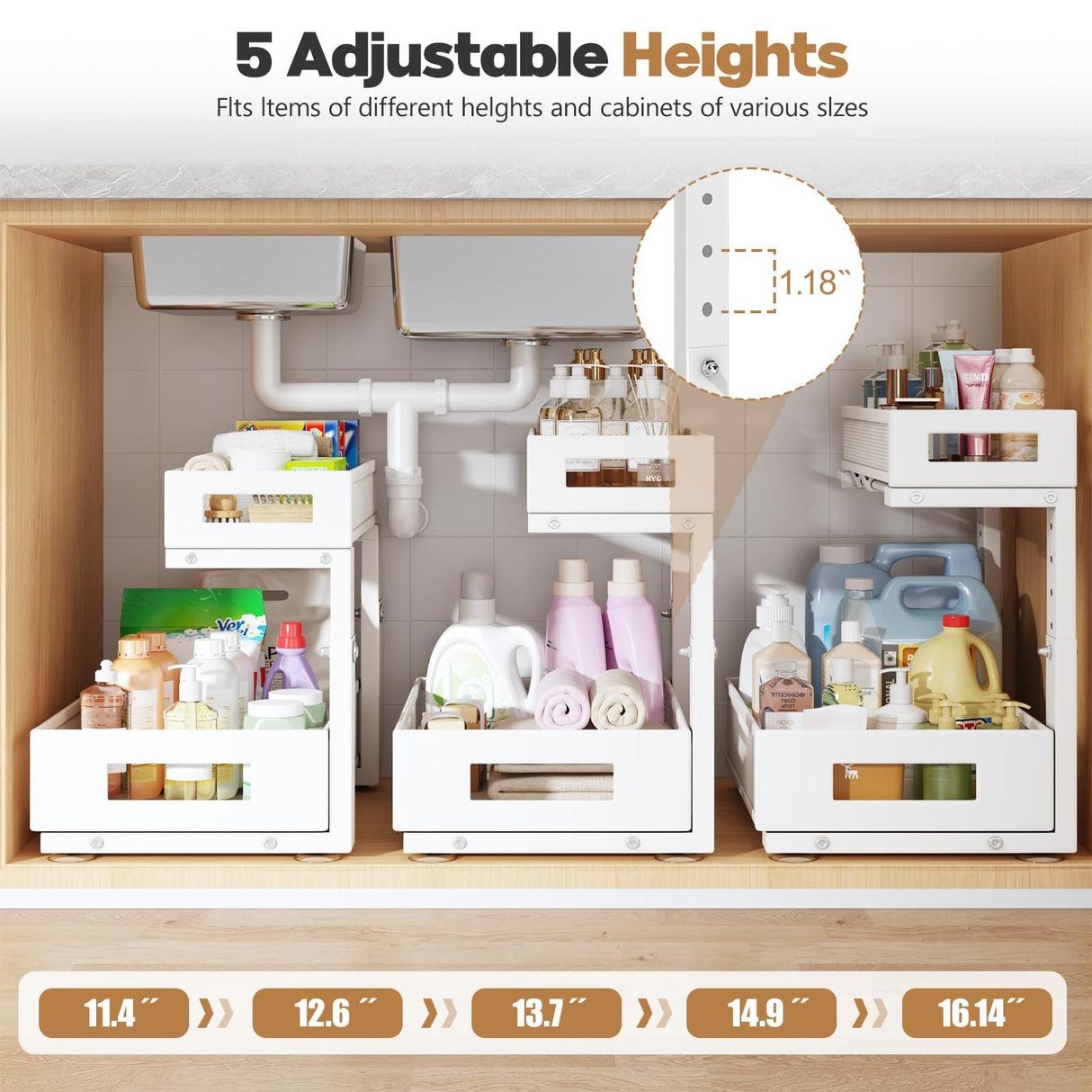 2-Pack Under Sink Storage Organizer, Large 2-Tier Elegant Mesh Pull Out Shelf for Kitchen and Bathroom Cabinet Organization, L-Shaped and Adjustable Height Design for Maximum Space Efficiency-White Biboraya