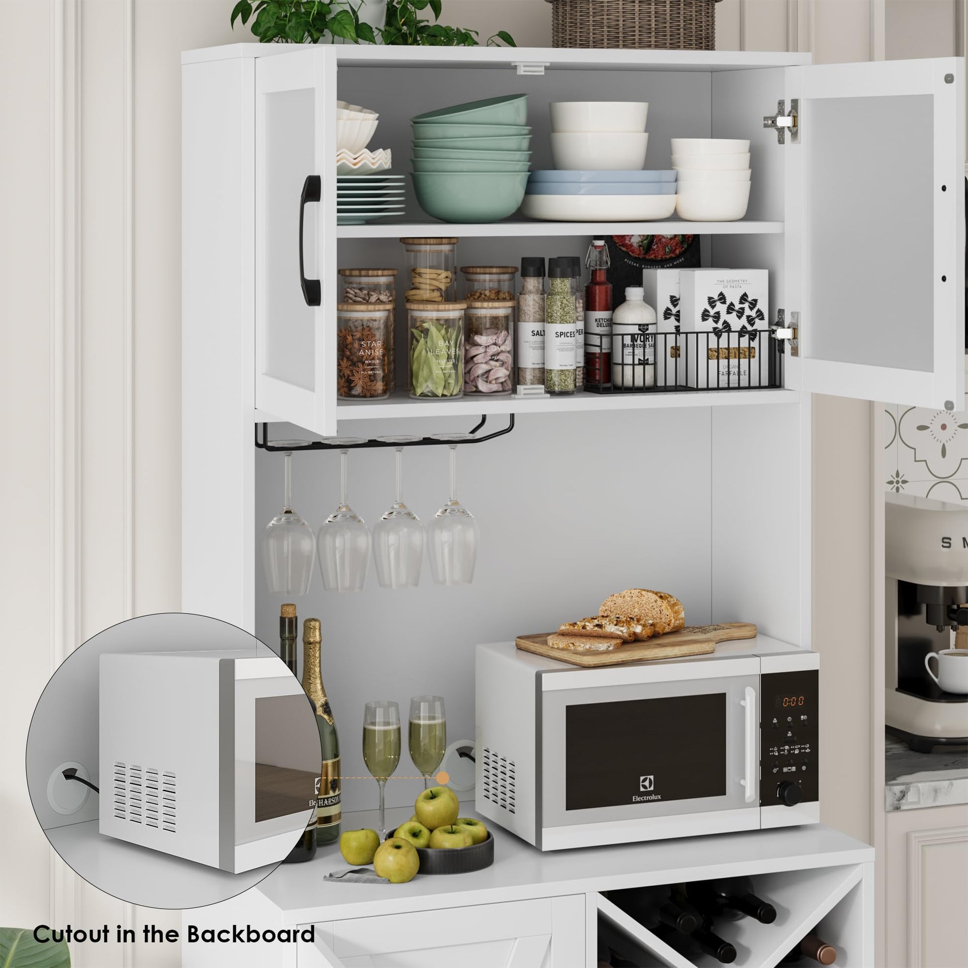 BOTLOG 71" Kitchen Hutch, Pantry Cabinet with Microwave Stand, Freestanding Buffet with Hutch, Adjustable Shelf, 3 Glass Doors, 2 Drawers, for Home, Dining Room, White - WoodArtSupply