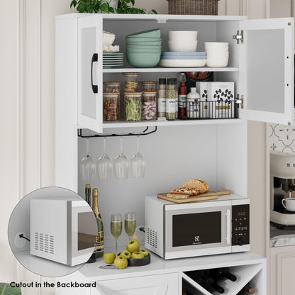 BOTLOG 71" Kitchen Hutch, Pantry Cabinet with Microwave Stand, Freestanding Buffet with Hutch, Adjustable Shelf, 3 Glass Doors, 2 Drawers, for Home, Dining Room, White - WoodArtSupply