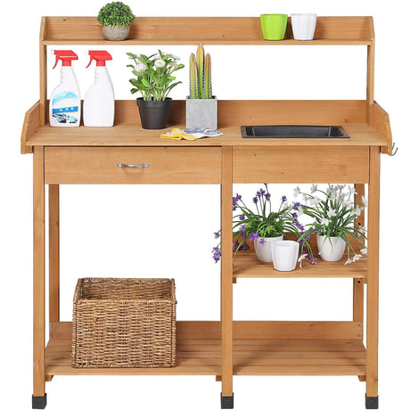 Topeakmart 45.2x17.7x47.6'' (LxWxH) Potting Benches Outdoor Garden Potting Table Work Bench with Removable Sink Drawer Rack Shelves Work Station, Wood Topeakmart