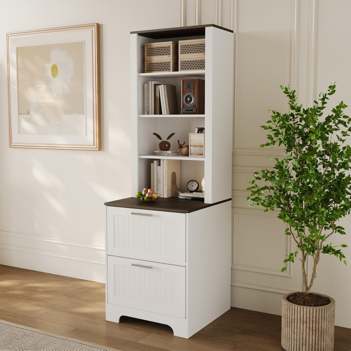 Garvee Bookcase with 2 File Drawers, 72in Tall Farmhouse Storage Cabinet Wooden Bookshelf with 2 Adjustable Shelves for Living Room Office Garvee