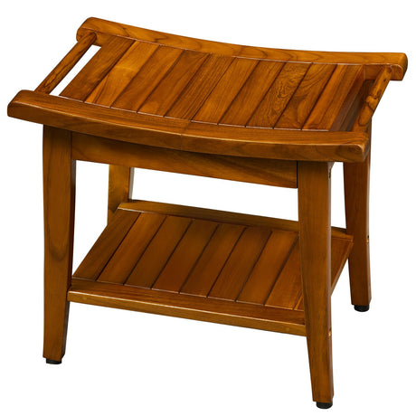 TEAKMAMA Teak Shower Bench with Handles 20" Waterproof Bathing Teak Wood Bench Shower Stool with Storage Towel Shelf Bath Stool for Indoor Use Easy Assembly TEAKMAMA
