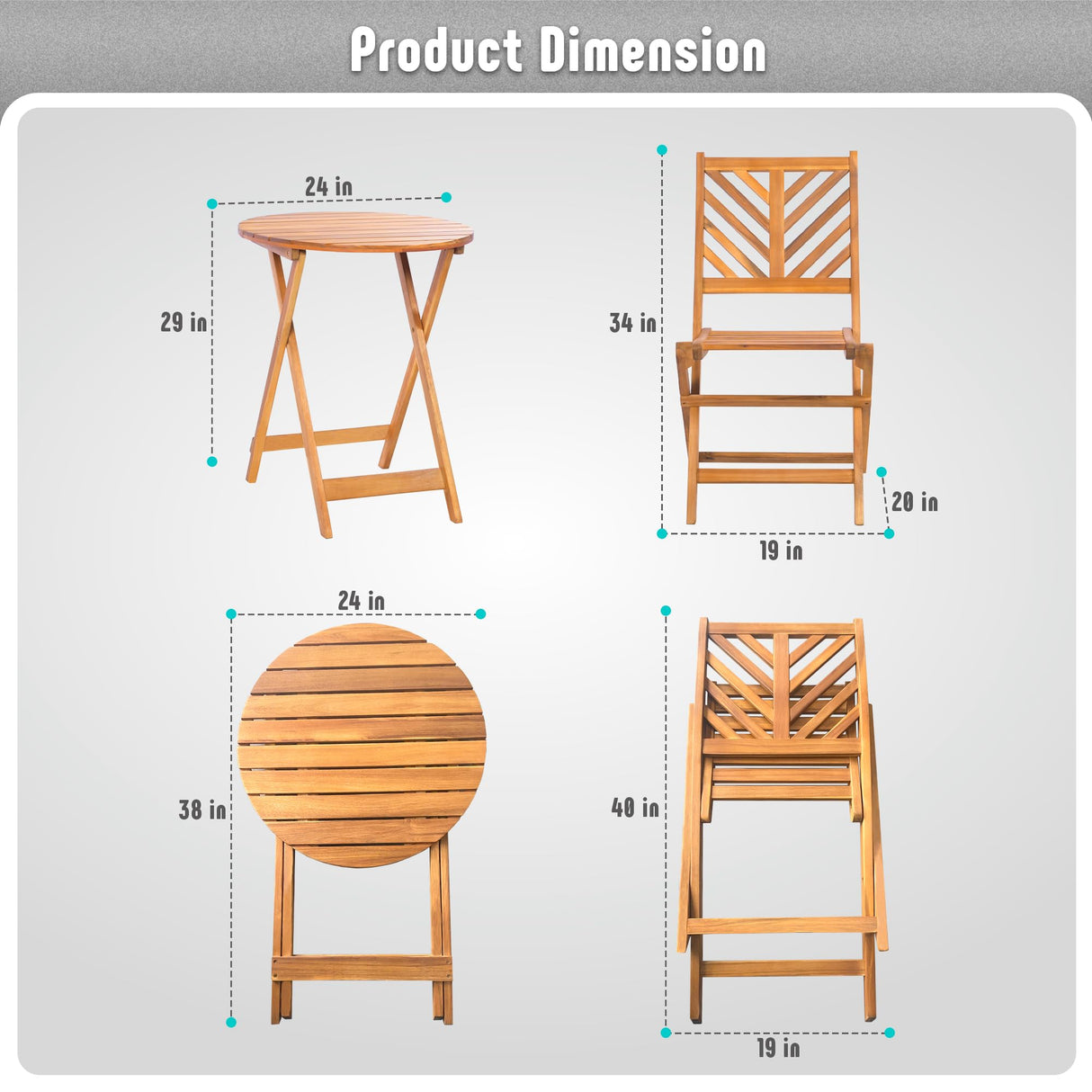 Werph 3-Piece Acacia Wood Patio Set, Foldable Bistro Table and Chairs Set of 2,Small Patio Furniture Set with Cushions,Folding Balcony Chairs Table Set for Apartment, Balcony, Deck or Porch Werph