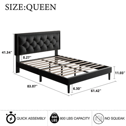 Sismplly Queen Size Platform Bed Frame with Velvet Headboard, Modern Upholstered Mattress Foundation with Wooden Slats Support, No Box Spring Needed, Noise Free, Easy Assembly, Black