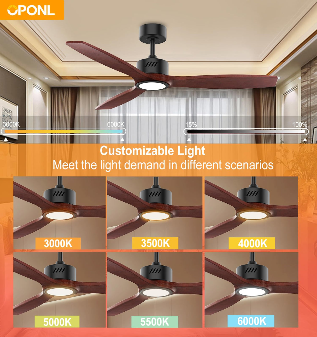 OPONL Natual Solid Wood Ceiling Fan with Light 52 Inch, Low Profile, Remote Control, Downrod Mount, Noiseless, Reversible, 6CCT, Dimmable, 6 speeds, Timeable, Ceiling Fans with Lights for Living Room OPONL