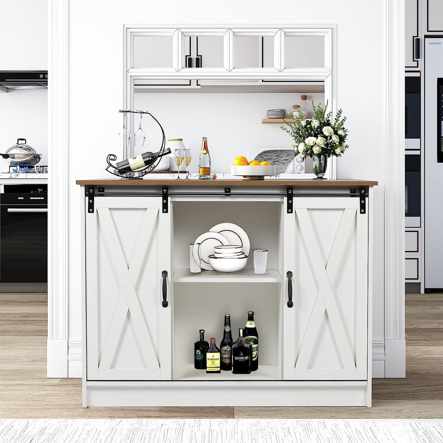 4ever2buy Farmhouse Coffee Bar Cabinet, 42’’ Kitchen Buffet Cabinet with Storage, White Buffet Cabinet with Sliding Barn Door, Coffee Bar Table with Adjustable Shelf for Living Dining Room