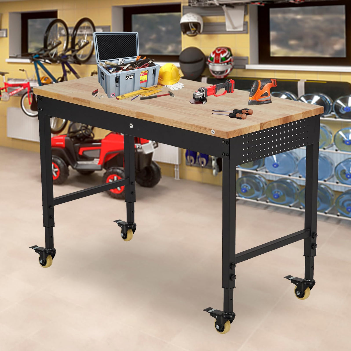 EuKer Workbench 72x25 Inch, Adjustable Height Worktable for Garage, Rubber Wood Top & Cold-Rolled Steel Table Workbench, Heavy Duty Workstation with Power Outlets & Wheels, 2000 Lbs Load Capacity Euker