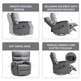 PELUMY Manual Recliner Chair with Heat & Vibration Massage, 360° Swivel Rocker Recliner with 155° Recline and Lumbar Heat, Compact Recliner for Living Room & Small Spaces (Breathable Leather, Grey) PELUMY