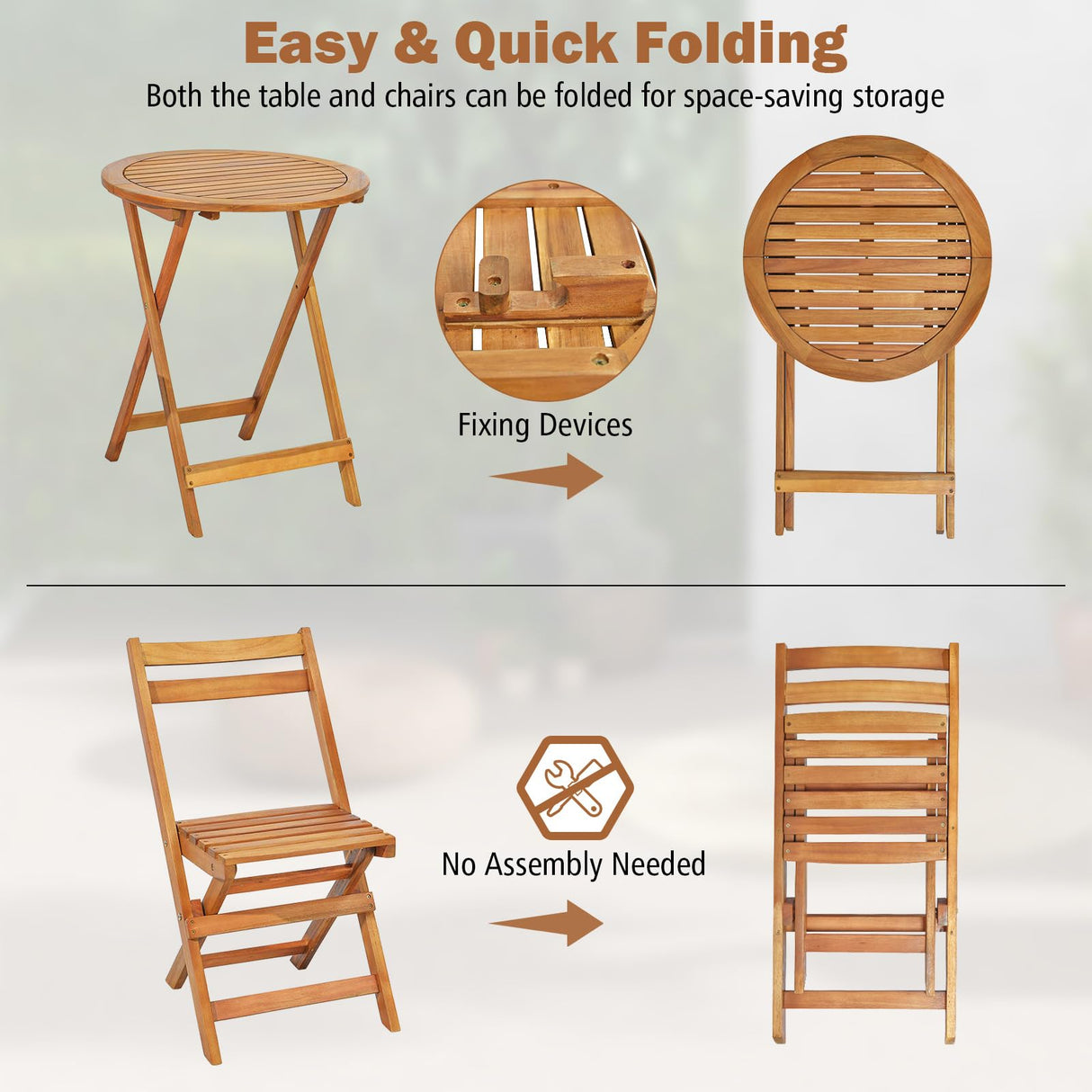 Tangkula 3 Pieces Folding Patio Bistro Set, Solid Acacia Wood Table and Chairs with Slatted Tabletop, Back & Seat, Foldable Outdoor Furniture Set for Patio, Backyard, Garden, Poolside, Natural Tangkula