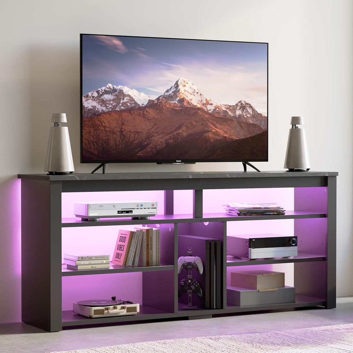 Bestier LED Tall Entertainment Center, 55 inch TV Stand for 55/60/65 inch TV, Gaming TV Cabinet with Storage for PS5 Xbox, Adjustable Shelf Media TV Console for Living Room Bedroom, Black Marble Bestier