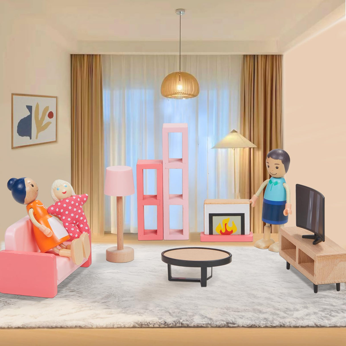 Giant bean Wooden Dollhouse Furniture Set, 36pcs Furnitures with 4 Family Dolls, Dollhouse Accessories Pretend Play Furniture Toys for Boys Girls & Toddlers 3Y+, Pink Giant bean