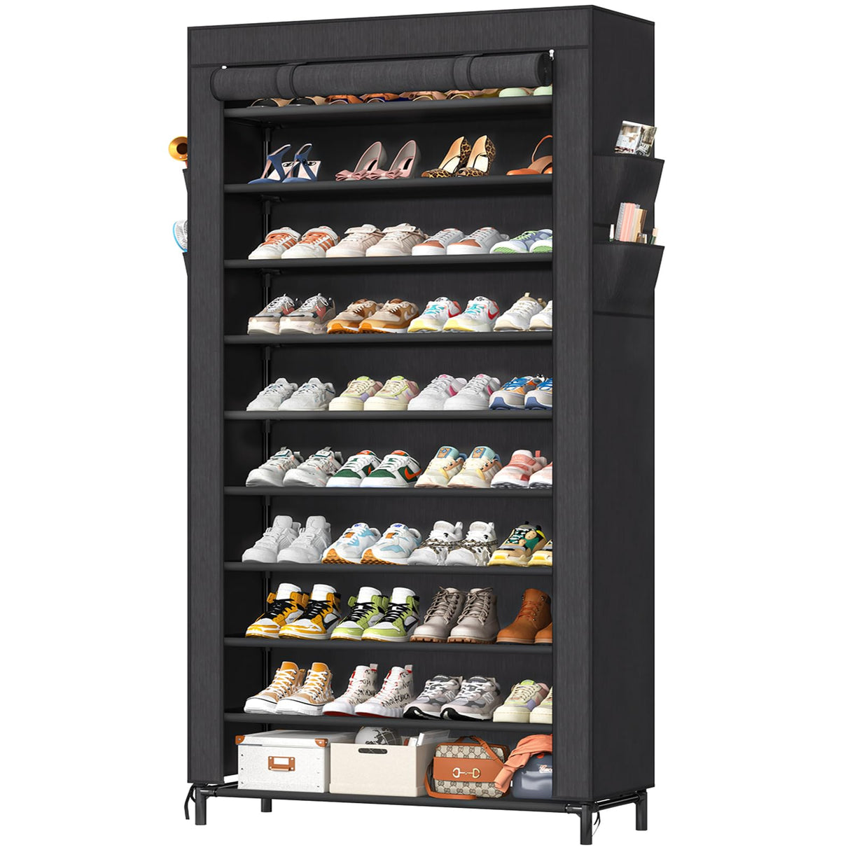 Simple Trending Tall Shoe Rack Organizer Holds 40 Pairs, 10 Tier Large Capacity Shoe Cabinet Storage with Cover for Closet, Black Simple Trending