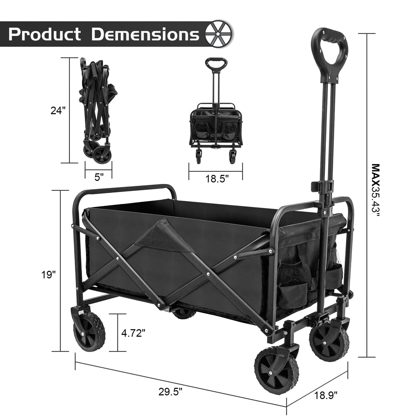 TWOCORN Collapsible Foldable Wagon,Beach Wagon Cart Heavy Duty with Wheels Foldable,Utility Folding Grocery Wagon for Camping Sports Outdoor Activities(Black) - WoodArtSupply