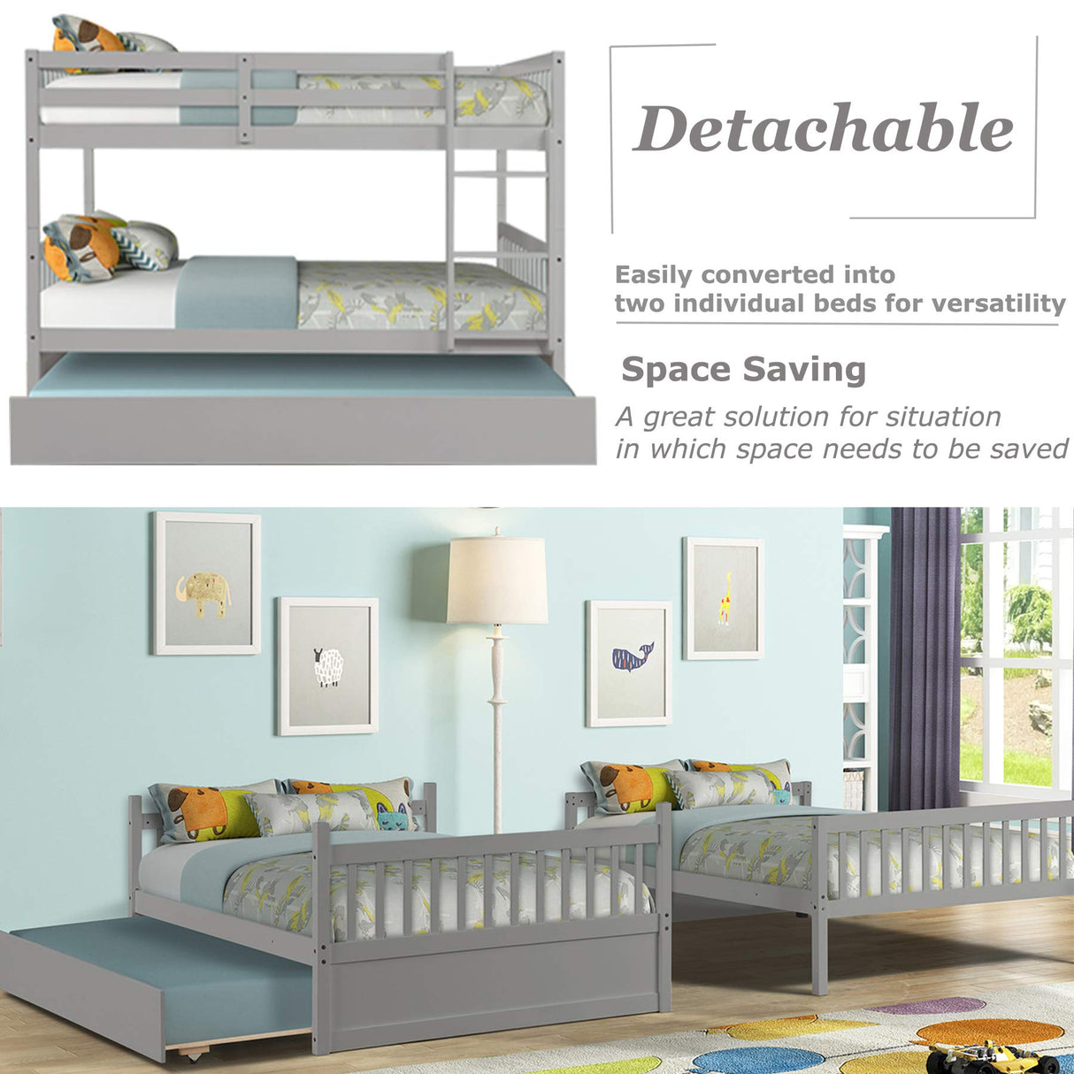 WIILAYOK Full Over Full Bunk Bed with Trundle, Convertible to 2 Full Size Platform Bed, Full Size Bunk Bed with Ladder and Safety Rails for Teens, Adults, Grey WIILAYOK