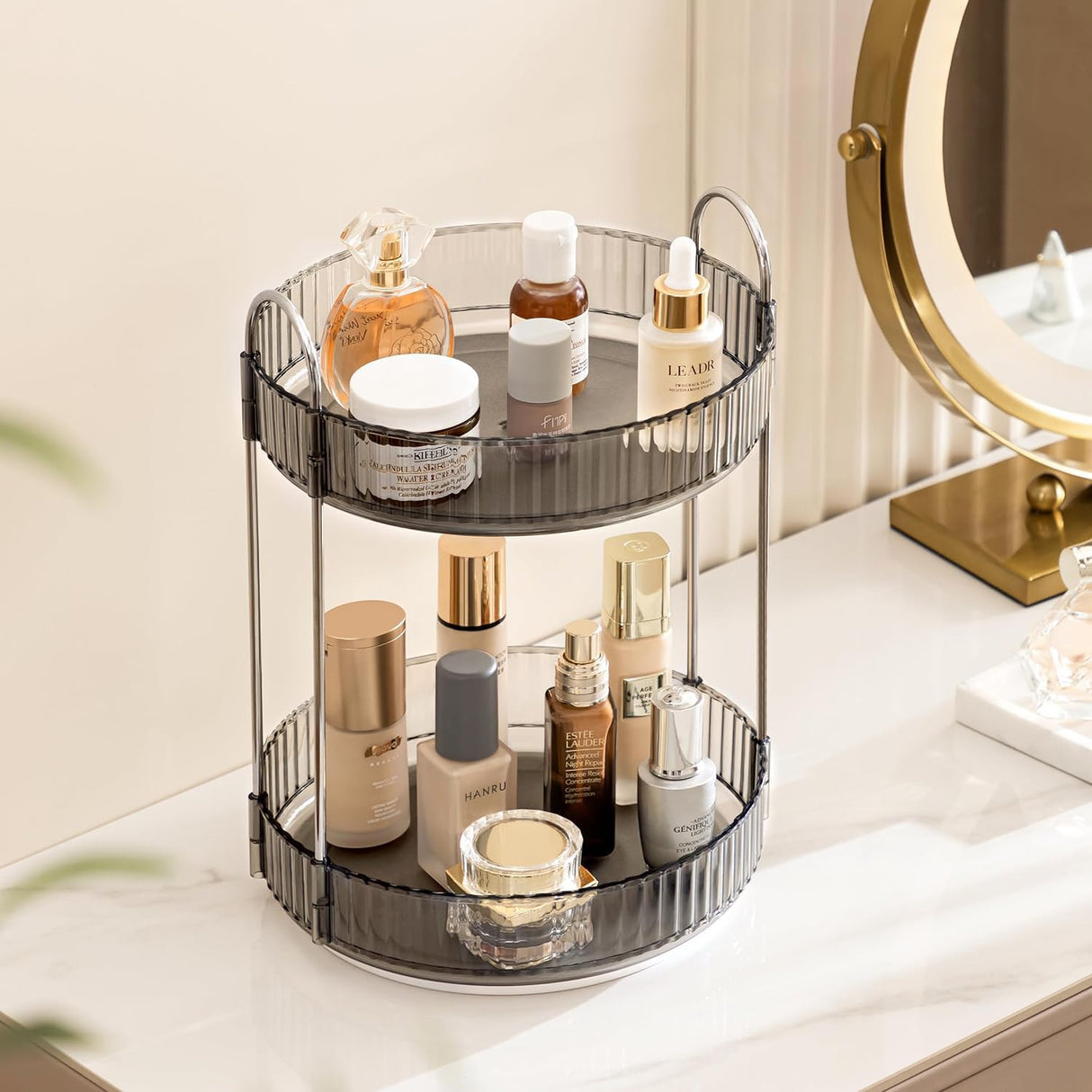HBlife 360° Rotating Makeup Organizer, 2 Tier Spinning Perfume Skincare Organizer Large Capacity Cosmetic Storage for Bathroom, Vanity, Countertop, Grey HBlife