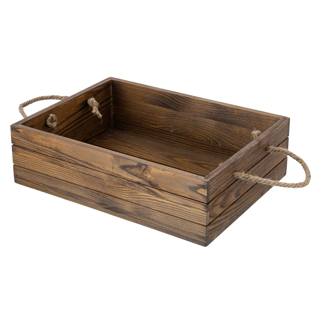 MyGift 15 Inch Large Rustic Brown Solid Wood Decorative Storage Box with Rope Carrying Handles, Country Style Wooden Crate, Farmhouse Pallet Design Open Top Bin MyGift