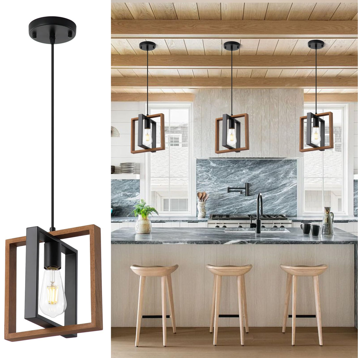 9MMML Wood Pendant Light Kitchen Island Set of 3, Farmhouse Hanging Lamp with 62'' Height Adjustable Cord, Small Ceiling Pendant Light Fixture for Dining Room, Entryway, Foyer 9MMML