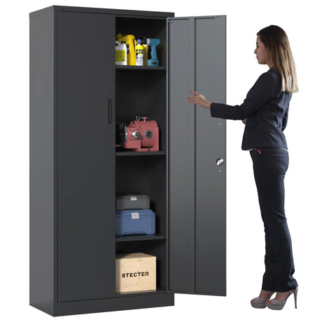 BIZOEIRON Metal Storage Cabinet with Adjustable Shelves, Garage Cabinet with 2 Lockable Doors for Office, Home, Garage, Require Assembly, Black BIZOEIRON