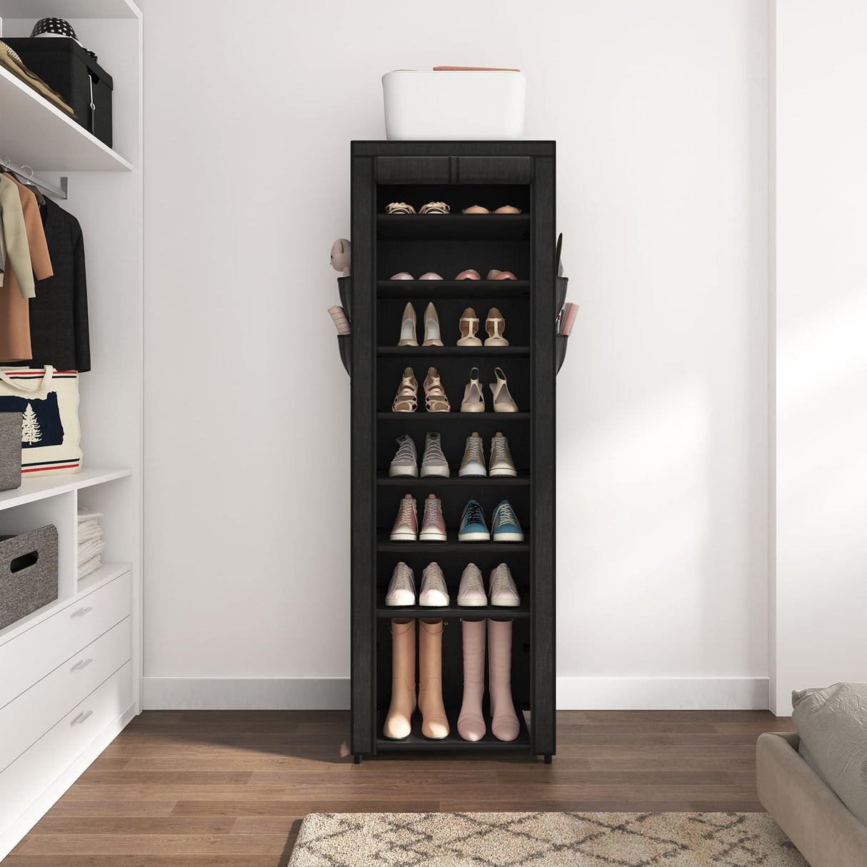 VILICK Shoe Rack with Cover Narrow Shoe Organizer with 4 Side Pockets 10 Tier Tall Shoe Storage Holds 18-22 Pairs Shoes and Boots Shoe Rack for Closet Entryway Garage VILICK