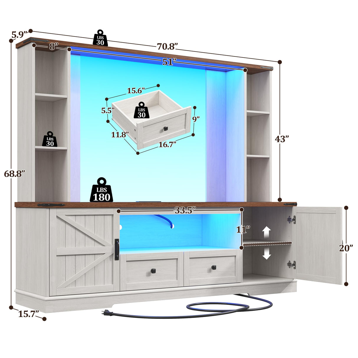 Entertainment Center with 2 LED Lights & Power Outlets, Large Farmhouse Wall Unit Entertainment Center for 60 Inch Television Stand, TV Stands for Living Room with Storage Shelf, White EnHomee