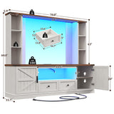 Entertainment Center with 2 LED Lights & Power Outlets, Large Farmhouse Wall Unit Entertainment Center for 60 Inch Television Stand, TV Stands for Living Room with Storage Shelf, White EnHomee