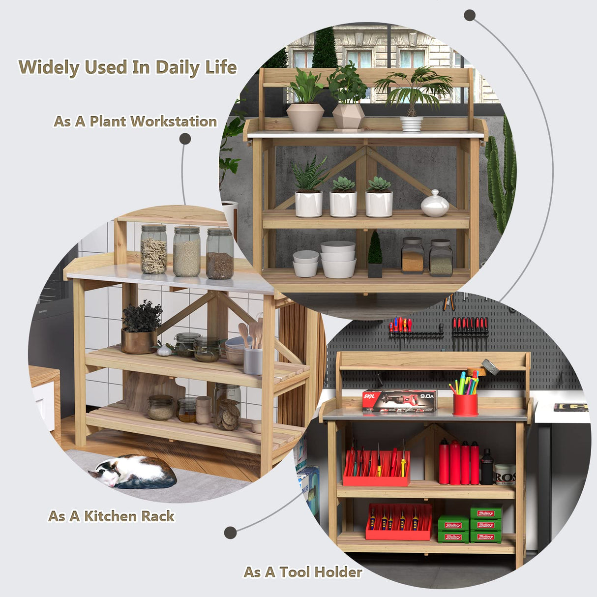 Giantex Garden Potting Bench, Galvanized Steel Top, 6 Hooks, 2 Tier Storage Shelves, Wood Workstation for Indoor Outdoor Gardening Planting Garage Tools, Potted Plant, Worktable 41.5"x19.5"x48" Giantex