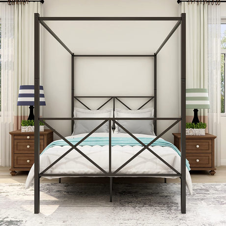 LUMISOL Metal Canopy Bed Frame Full, Four Posters Platform Bed Frame with X-Shaped Headboard and Footboard, No Box Spring Needed, Black LUMISOL