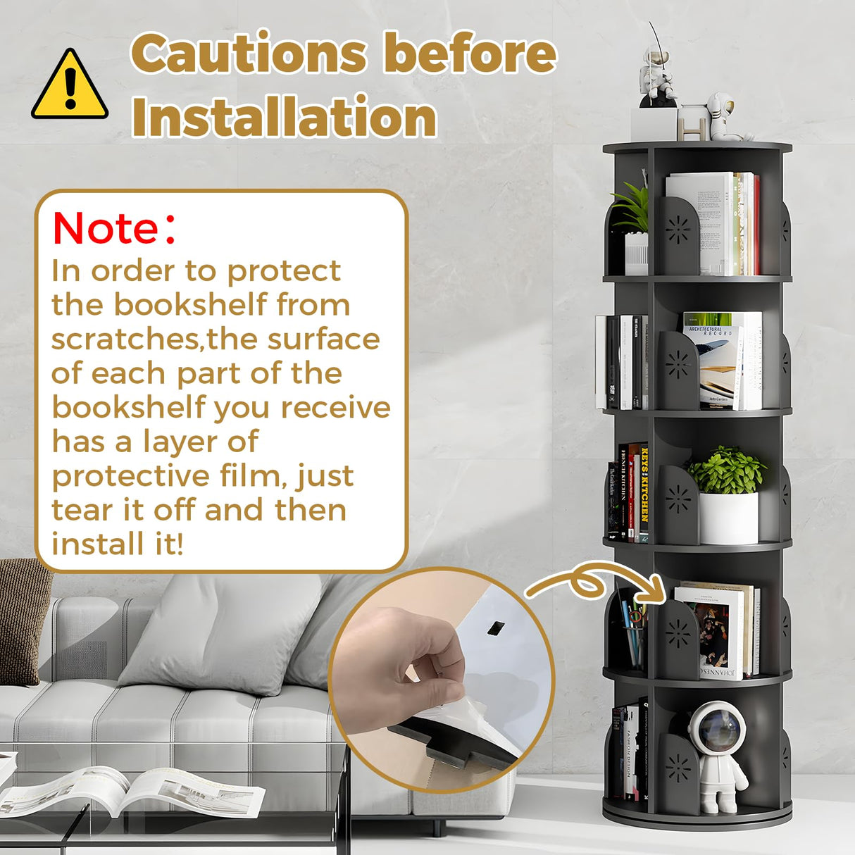 Hestiasko 5 Tier Rotating Bookshelf, 360 Rotating Bookcase, Spinning Bookshelf Tower for Kids & Adults, Corner Bookshelf for Small Space, Revolving Bookcase for Bedroom, Living Room, Black Hestiasko