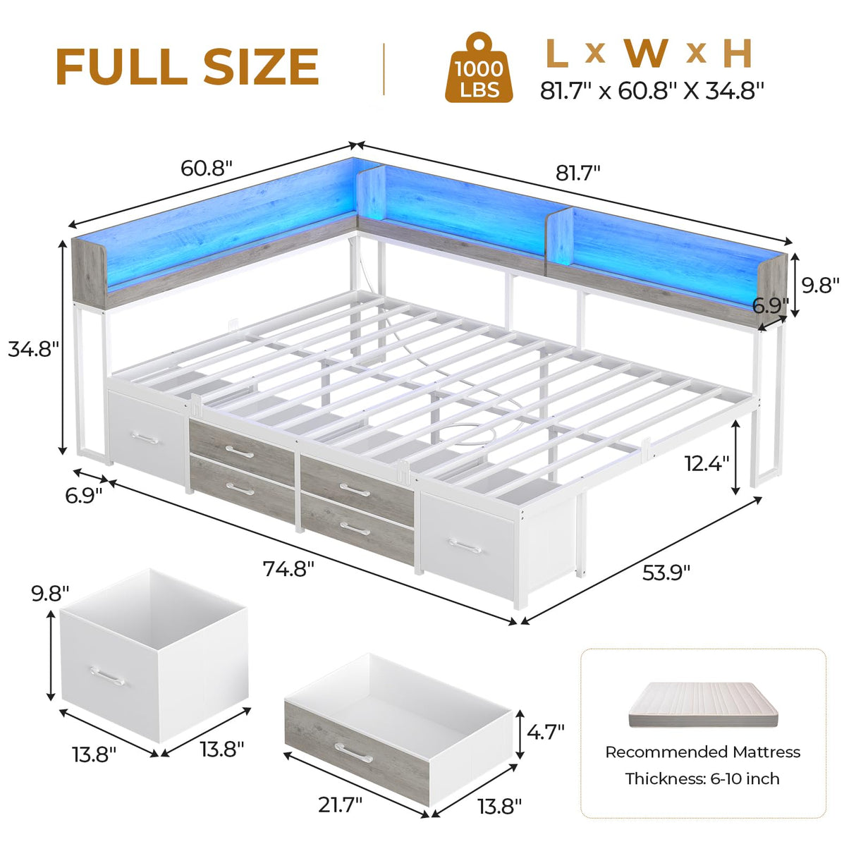 MSmask 14 Inch Corner Bed Frame with Bookcase Storage, Full Daybed with 6 Drawers, Charging Station and LED Light, Full Size Metal Platform Bed Frame for Kids Teenagers, White & Oak Grey MSmask